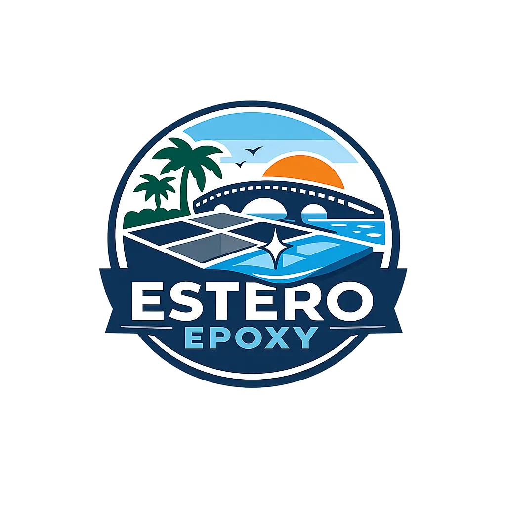 Estero Epoxy logo featuring epoxy floor, palm trees, bridge, and Florida sunset.